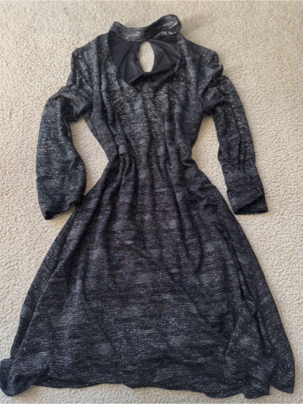Black Metallic Long Sleeve Keyhole A-Line Dress midi sexy basic